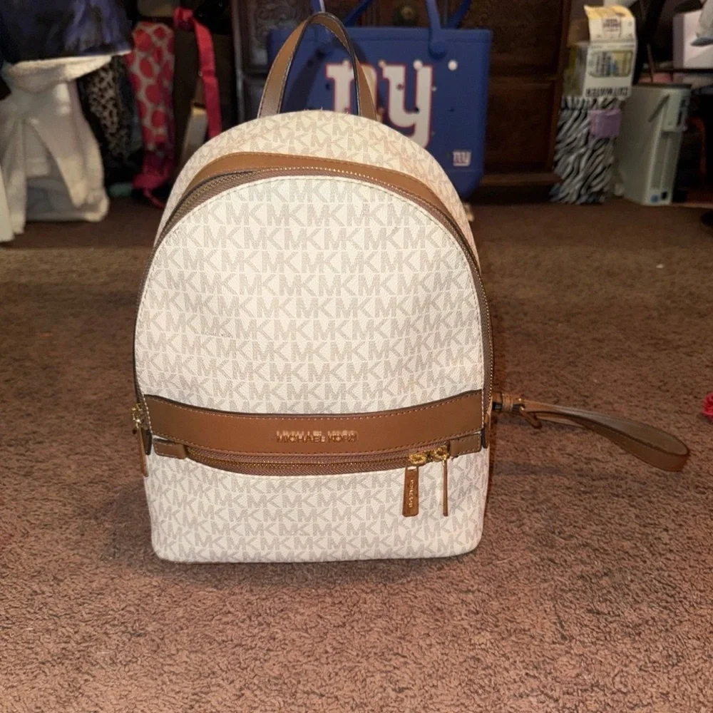 Michael Kors Cream and Tan MK Logo Mini Backpack - Picture 2 of 5
